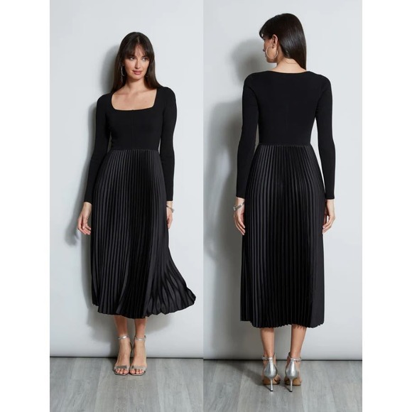 Elie Tahari Ribbed Knit Raglan Square Neck Pleated Midi Dress Noir Women small